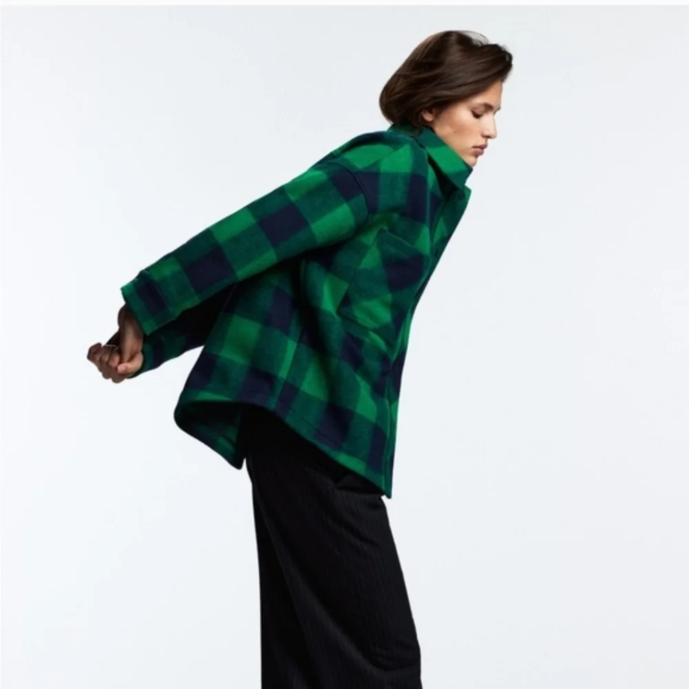 Zara Buffalo Plaid Jacket Green Navy Shacket Winter Thick Flannel Street Wear